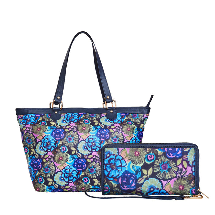 Blue Shoulder tote bag with Wristlet Wallet Combo for women