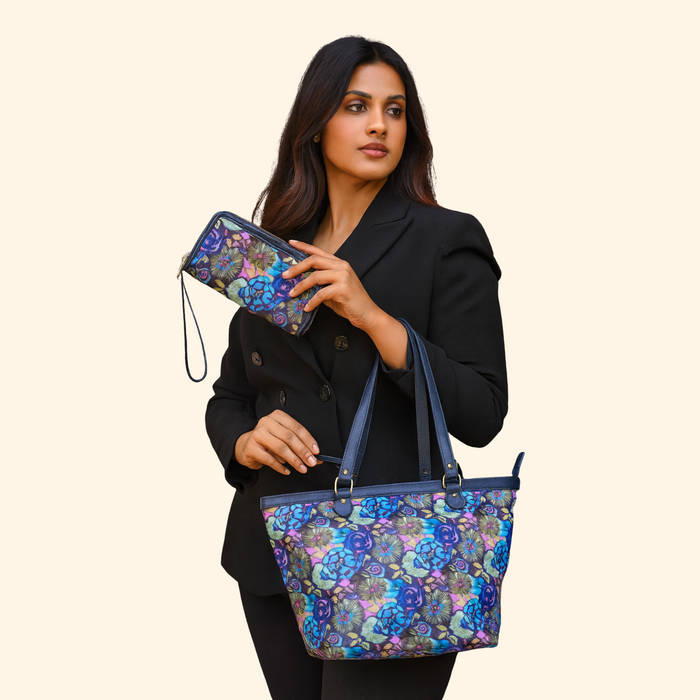 Blue Shoulder tote bag with Wristlet Wallet Combo for women