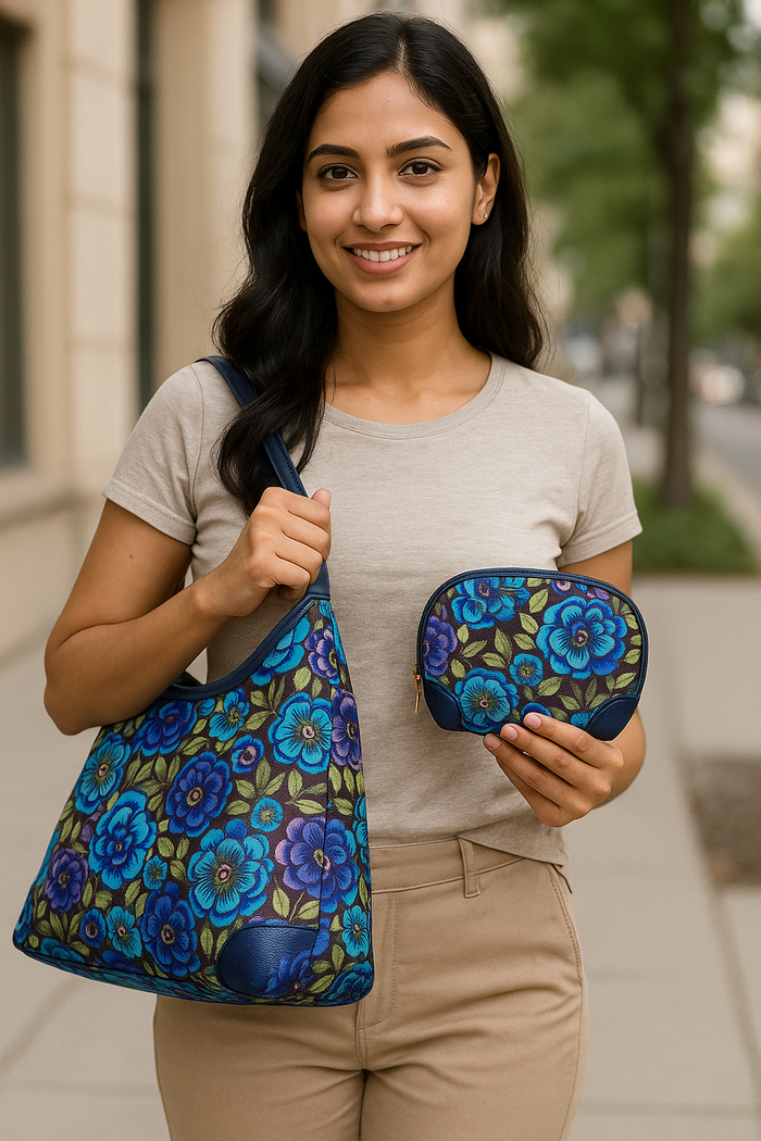 Blue Shoulder tote bag with Wristlet Wallet Combo for women