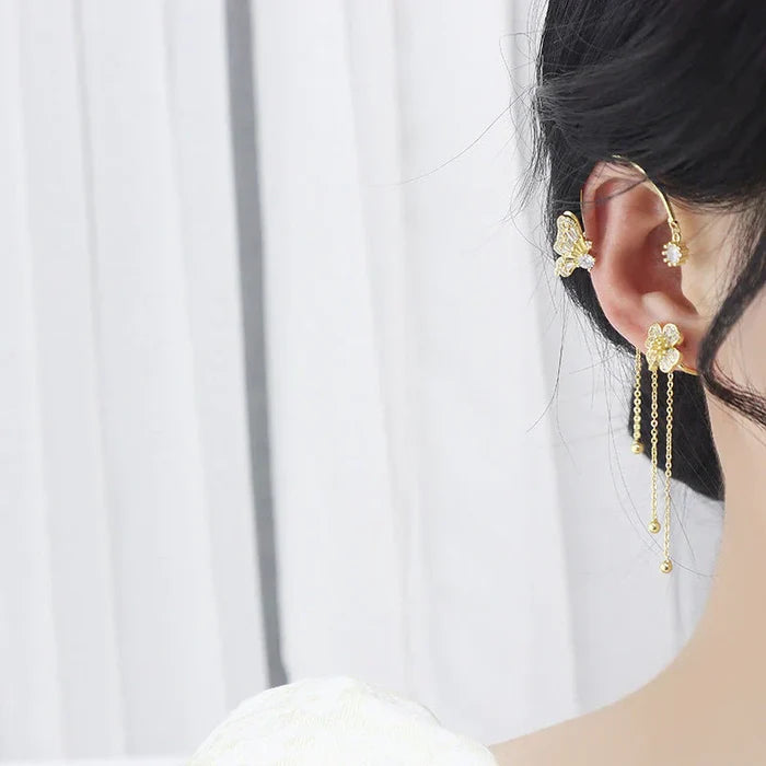 Boucles D'oreilles Fleur Papillon Élégantes Avec Pompons