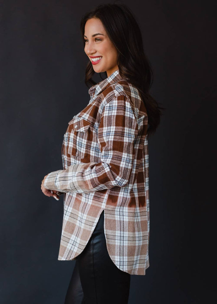 Brown, Black, Blue & White Plaid Flannel Shirt for Cowgirls