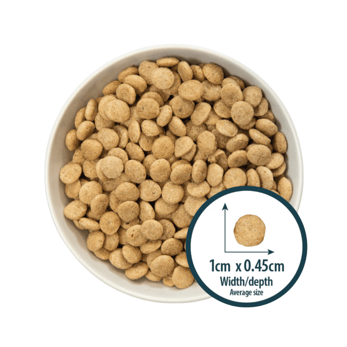 White background with a white bowl of dry dog food and a circle with a close up picture of a single kibble with the size displayed beneath '1cm x 0.45cm, width/depth, average size'.