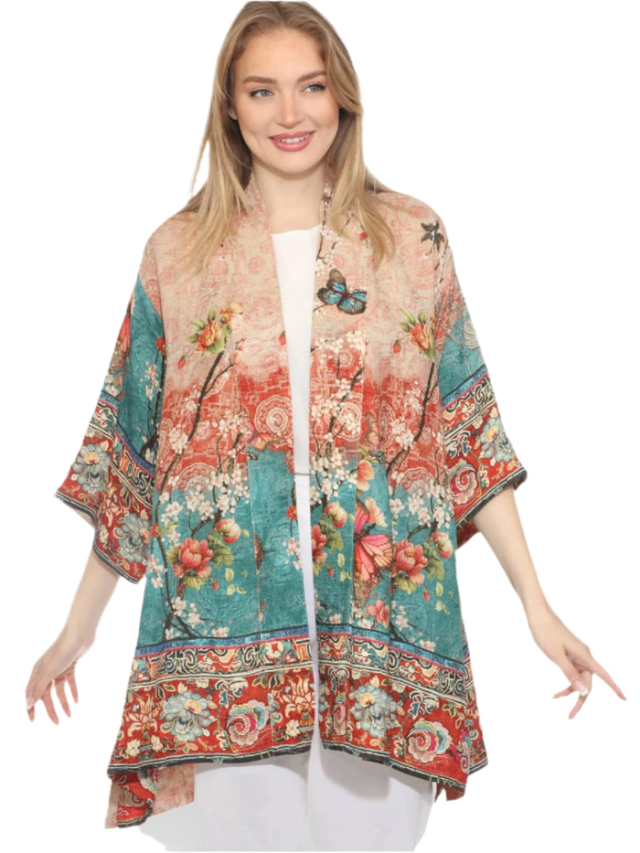 Butterfly Cherry Blossom Print Kimono Jacket - 0917BCBF