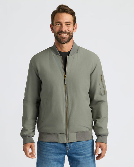 Carbon Bomber Jacket worn with jeans and a black T-shirt.