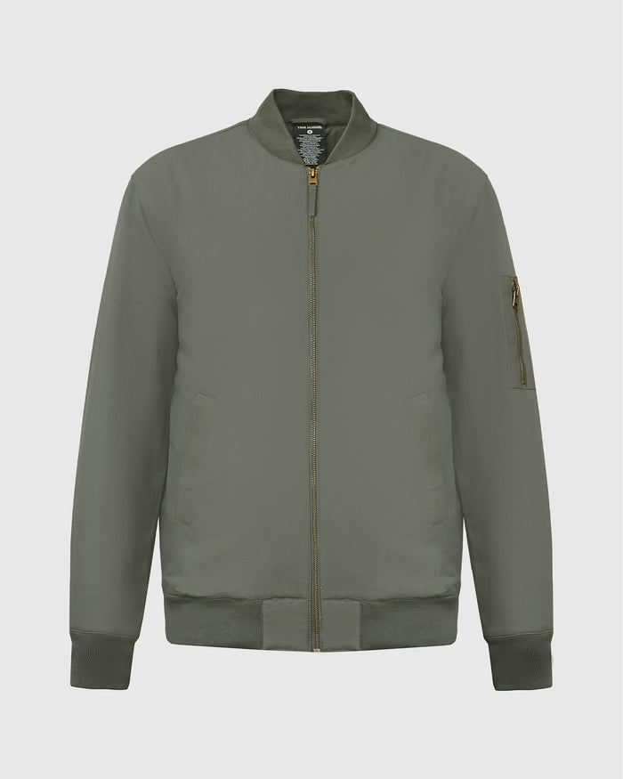 Carbon Bomber Jacket with ribbed collar, orange lining, and brass zippers.