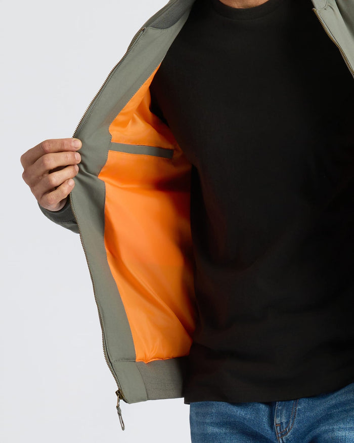 Carbon Bomber Jacket with orange lining and inside pocket visible.