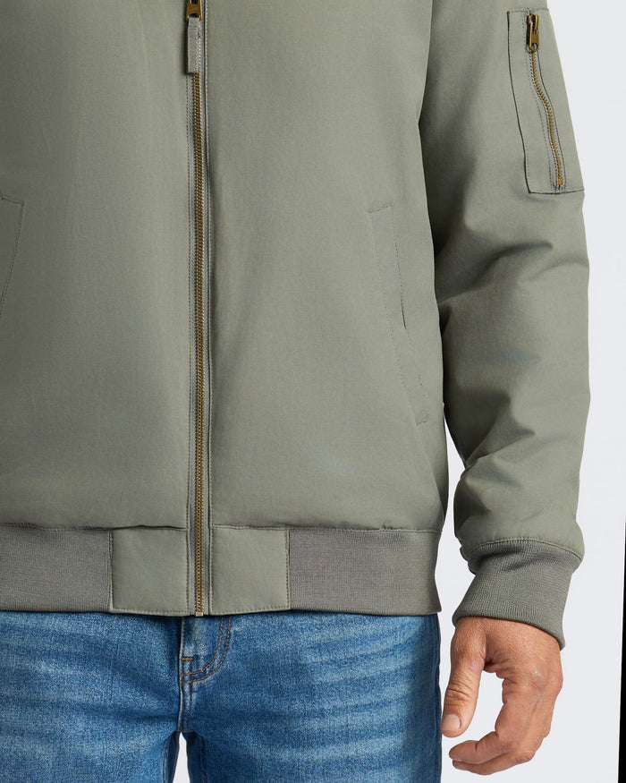 Carbon Bomber Jacket with brass zipper and sleeve pocket.
