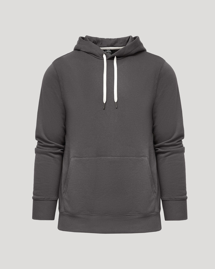 Carbon Fleece French Terry Pullover Hoodie with white drawstrings and kangaroo pocket.