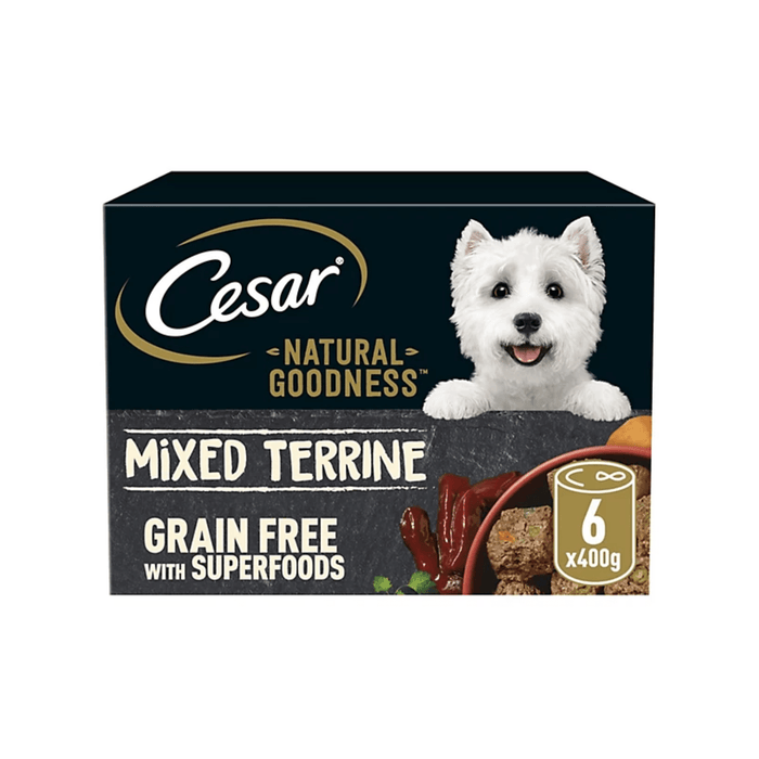 White background with a end view of a box of Cesar Natural Goodness Loaf tinned dog food, pictured on the front is a white West Highland terrier.