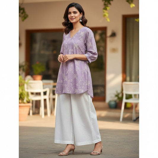 Kurti Connection USA lavender chiffon short kurti with white floral embroidery paired with white palazzo pants