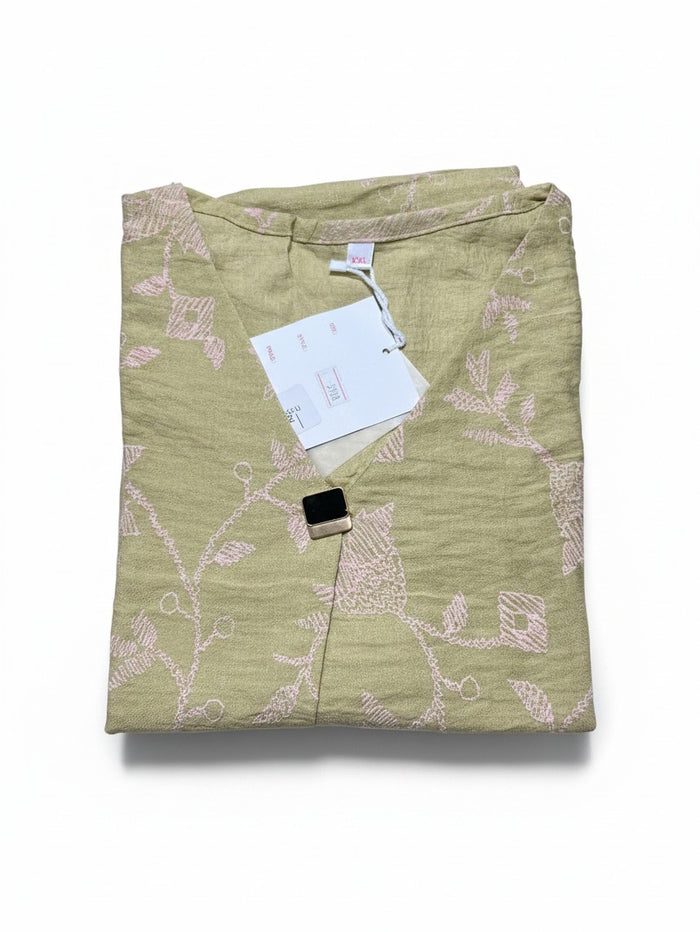 Kurti Connection USA olive green chiffon short kurti with delicate pink floral embroidery and a square button detail.