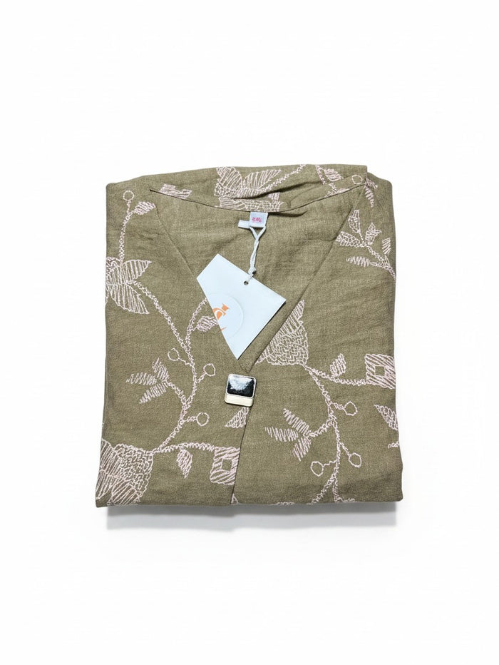 Kurti Connection USA olive green chiffon short kurti with white floral embroidery and a decorative square button