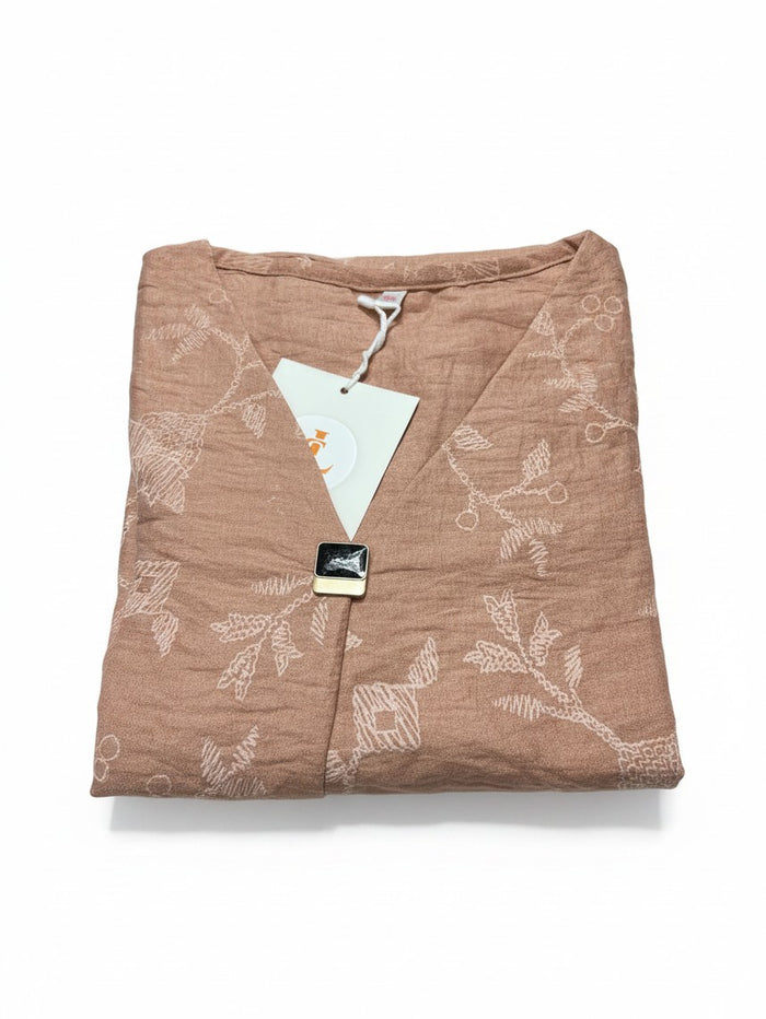 Kurti Connection USA brown chiffon short kurti with delicate white floral embroidery and a V-neckline