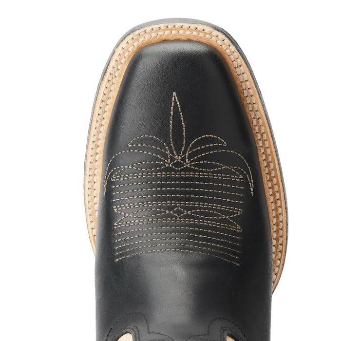 Black Saratoga Square toe boot with pale ivory stitching.