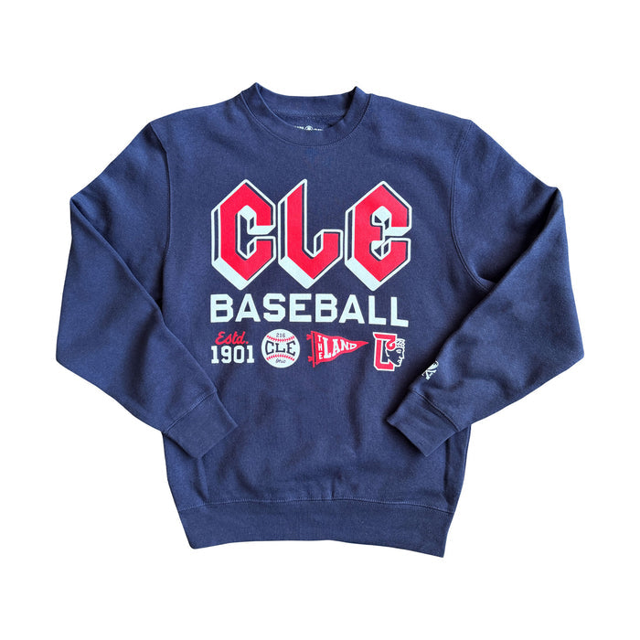 Blue sweatshirt with 'CLE Baseball' text and logos on a white background