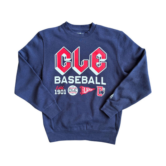 Blue sweatshirt with 'CLE Baseball' text and logos on a white background