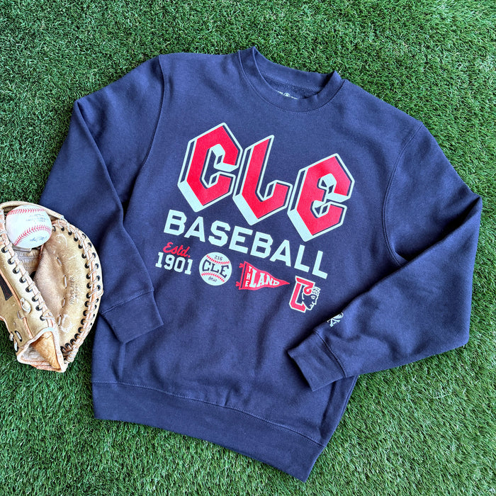 Blue sweatshirt with 'CLE Baseball' text on a green grass background