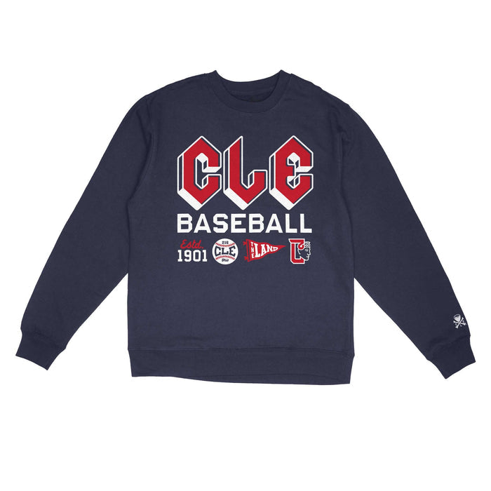 Navy blue sweatshirt with 'CLE Baseball' text and logos on a white background