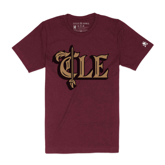 Maroon t-shirt with 'CLE' logo on a white background