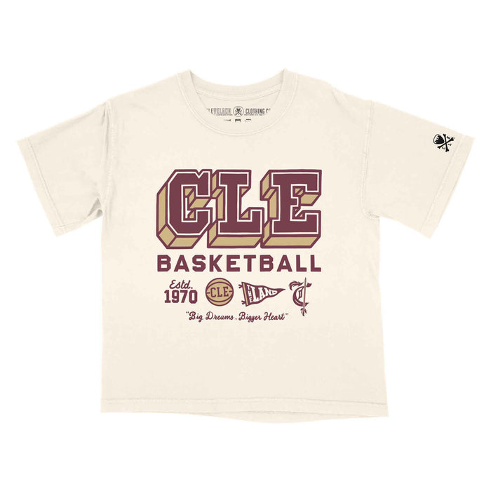 Beige t-shirt with 'CLE Basketball' text and design on a white background
