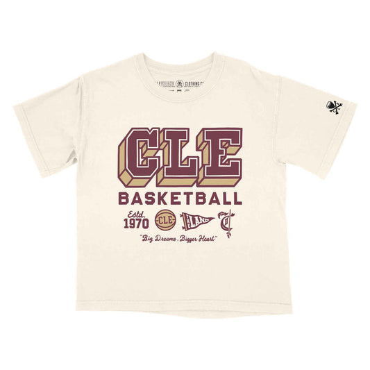 Beige t-shirt with 'CLE Basketball' text and design on a white background