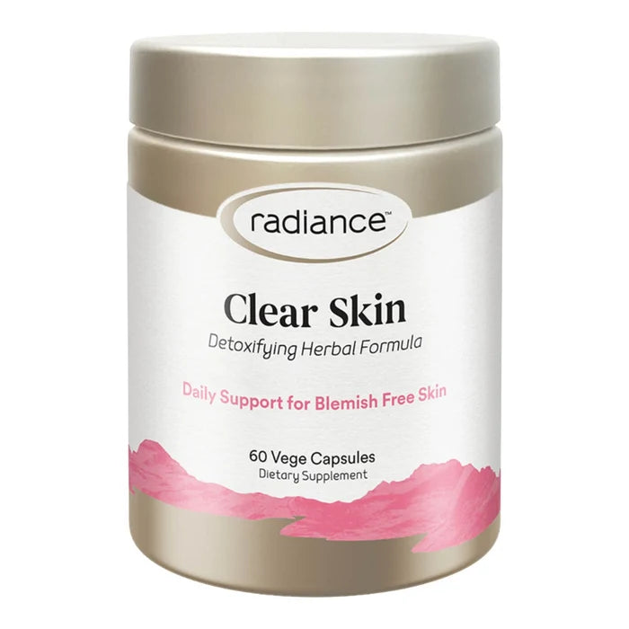 Supplement jar labeled 'Radiance Clear Skin' on a white background