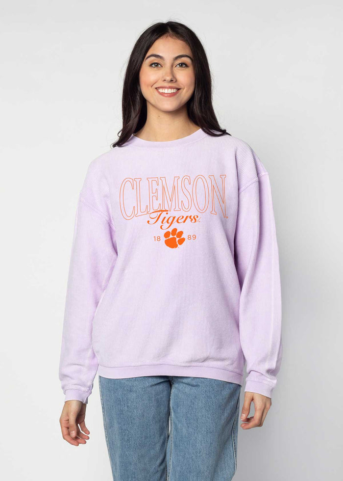 Clemson Tigers Unisex Lilac-Purple Oversized Premium cotton corded fleece Sweatshirt with Super soft hand feel, vintage wash and ribbed crew neckline, cuffs, and hemline