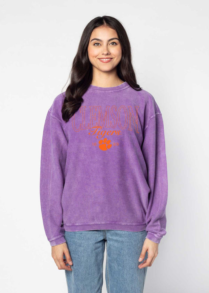 Clemson Tigers Unisex Purple Oversized Premium cotton corded fleece Sweatshirt with Super soft hand feel, vintage wash and ribbed crew neckline, cuffs, and hemline