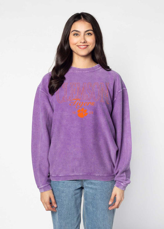 Clemson Tigers Unisex Purple Oversized Premium cotton corded fleece Sweatshirt with Super soft hand feel, vintage wash and ribbed crew neckline, cuffs, and hemline
