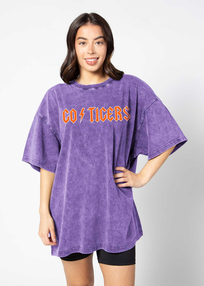 Clemson Tigers Unisex Grape Oversized Mineral wash T-Shirt with Lived-in feel and look, short sleeve, crew neck and drop shoulders