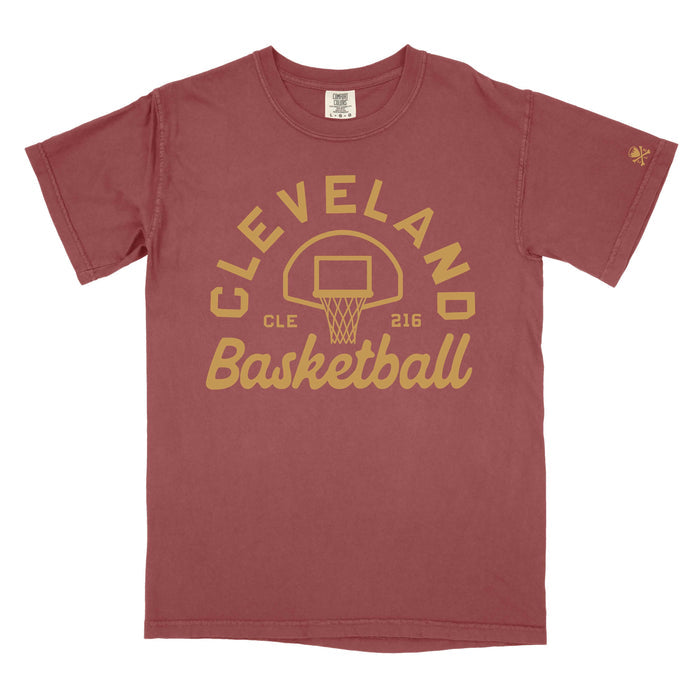 Maroon t-shirt with 'Cleveland Basketball' graphic on a white background