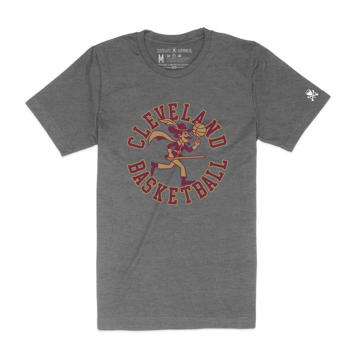 Gray t-shirt with 'Cleveland Basketball' graphic on a white background