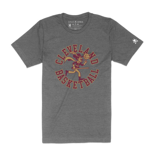 Gray t-shirt with 'Cleveland Basketball' graphic on a white background