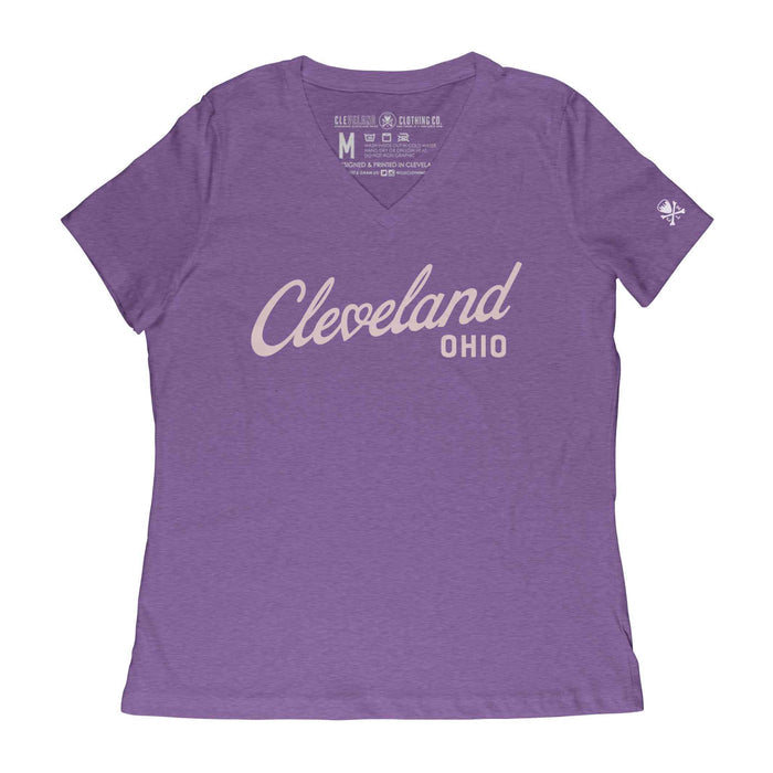 Purple t-shirt with 'Cleveland Ohio' text on a white background