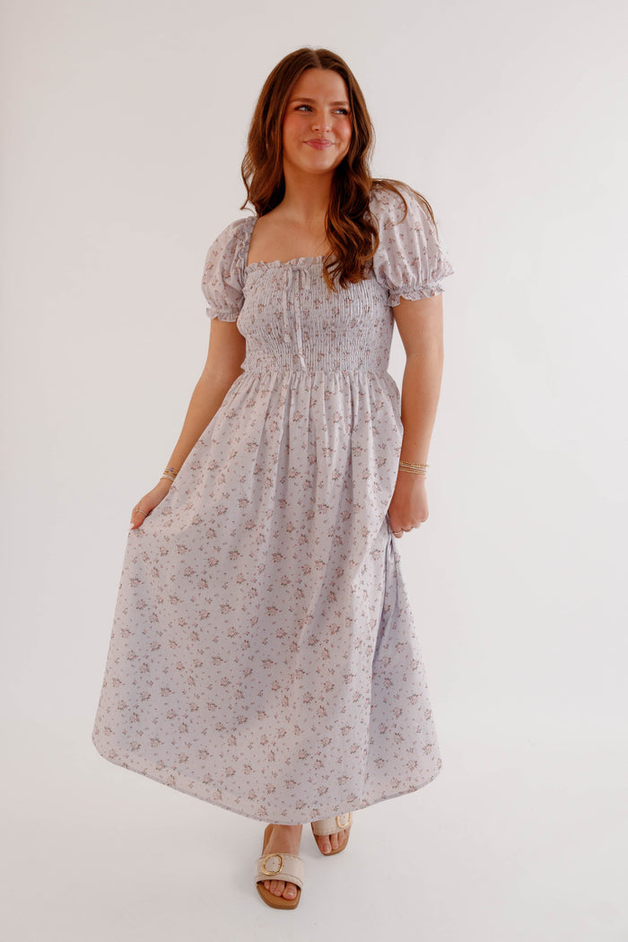 Floral Smocked Puff Sleeve Midi Dress – Romantic Cottagecore Spring Dress- Storia Floral Dress