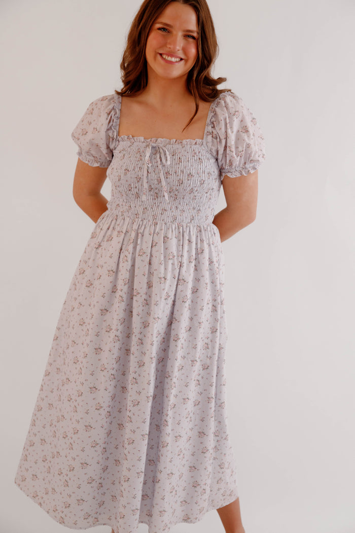 Floral Smocked Puff Sleeve Midi Dress – Romantic Cottagecore Spring Dress-Storia Floral Dress