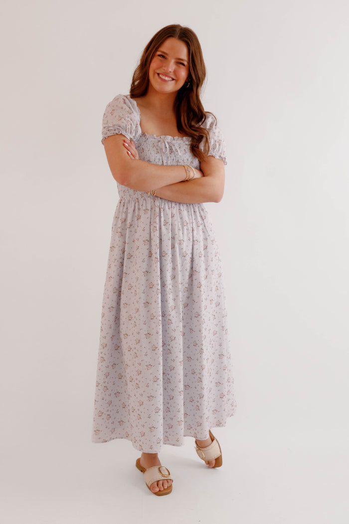Floral Smocked Puff Sleeve Midi Dress – Romantic Cottagecore Spring Dress-Storia Floral Dress