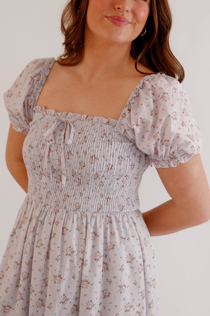 Floral Smocked Puff Sleeve Midi Dress – Romantic Cottagecore Spring Dress-Storia Floral Dress