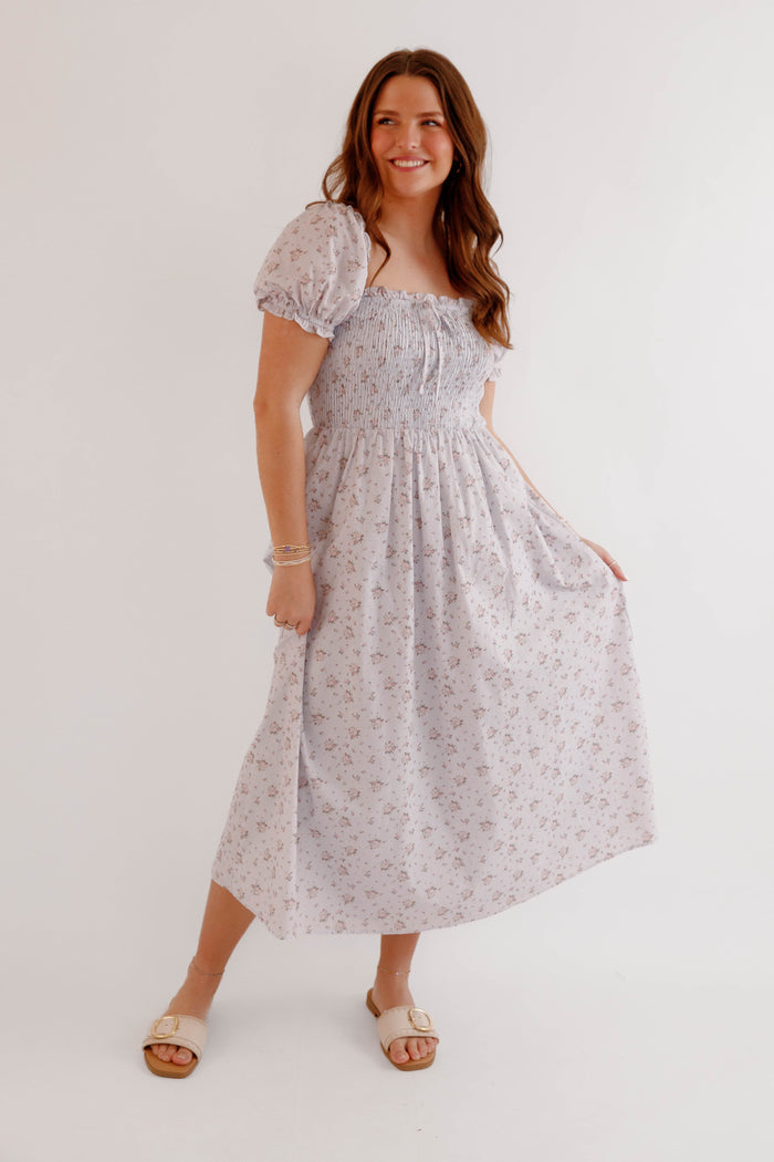 Floral Smocked Puff Sleeve Midi Dress – Romantic Cottagecore Spring Dress-Storia Floral Dress