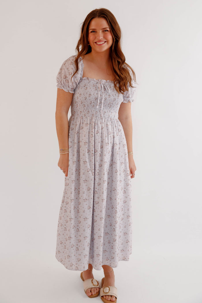 Floral Smocked Puff Sleeve Midi Dress – Romantic Cottagecore Spring Dress-Storia Floral Dress