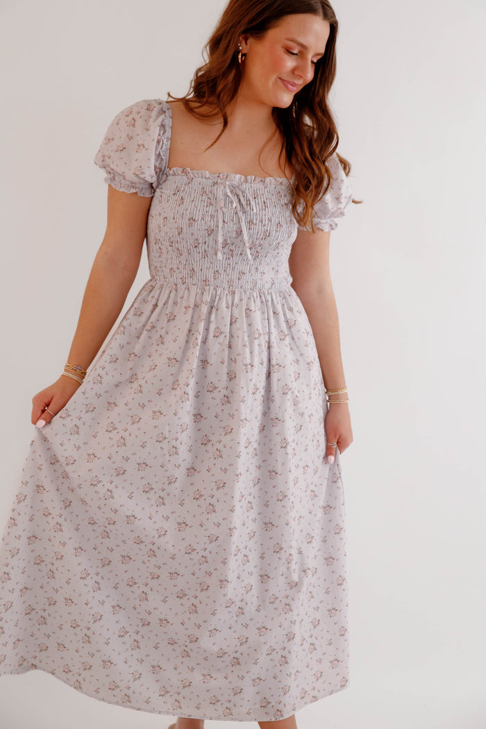 Floral Smocked Puff Sleeve Midi Dress – Romantic Cottagecore Spring Dress-Storia Floral Dress