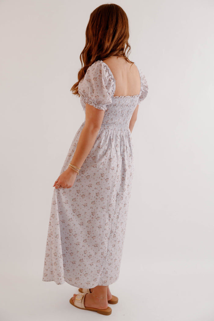 Floral Smocked Puff Sleeve Midi Dress – Romantic Cottagecore Spring Dress-Storia Floral Dress