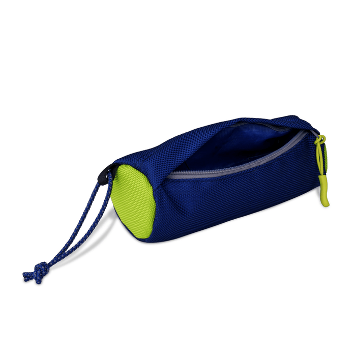 White background with a lime green and navy Coachi Fetch and Reward training fetch toy.