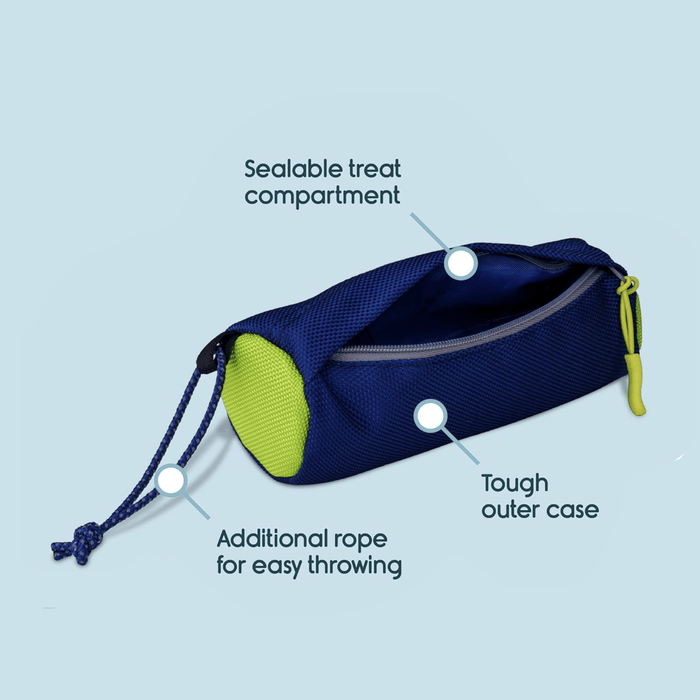 White background with a lime green and navy Coachi Fetch and Reward training fetch toy,  with key features around the toy.