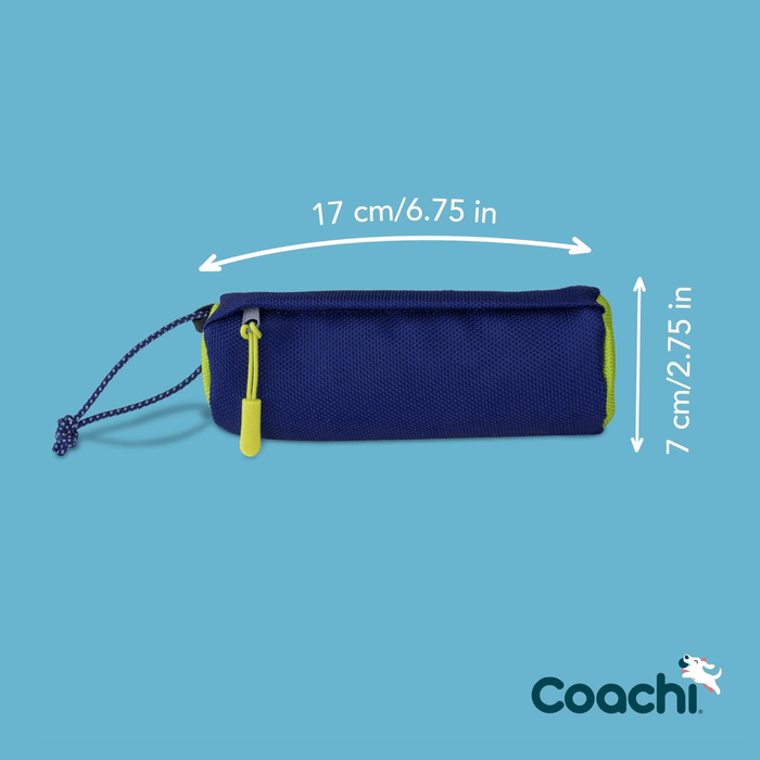White background with a lime green and navy Coachi Fetch and Reward training fetch toy, with measurements around it.