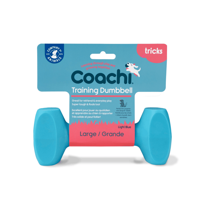 White background with a turquoise Coachi Training Dumbbell dog toy, attached to a blue cardboard tag.