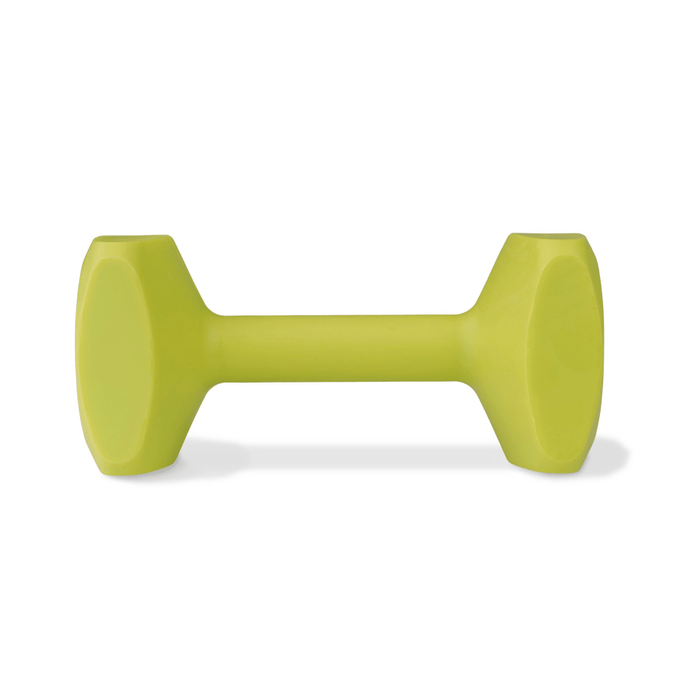 White background with a lime green Coachi Training Dumbbell dog toy.