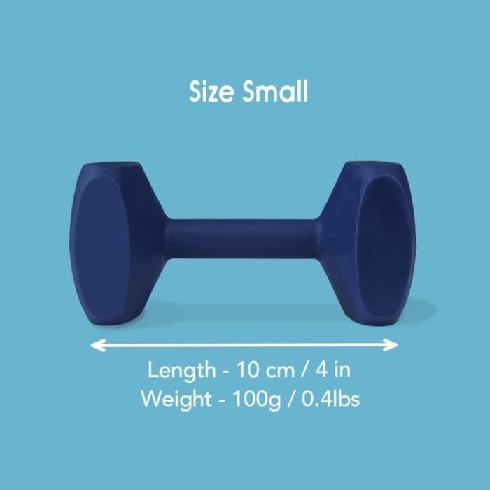 Blue background with a Small navy Coachi Training Dumbbell dog toy, with measurements below indicating length of 10cm.