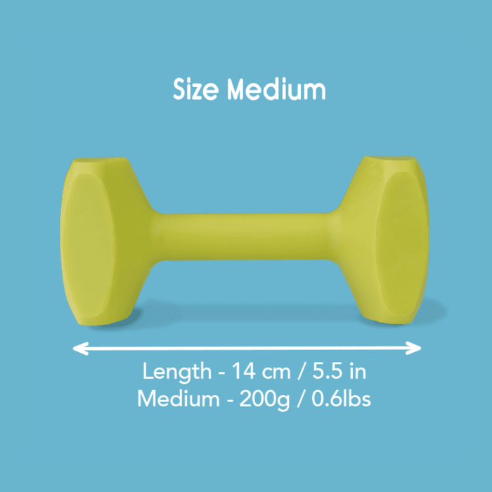 Blue background with a Medium lime green Coachi Training Dumbbell dog toy, with measurements below indicating length of 14cm.