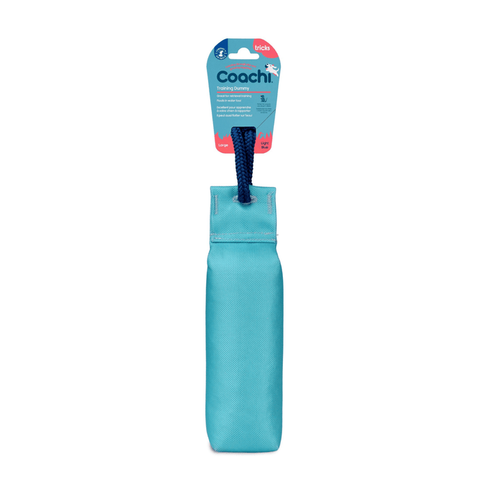 White background with a turquoise Coachi Training Dummy dog toy with a blue handle, attached to a blue cardboard tag.